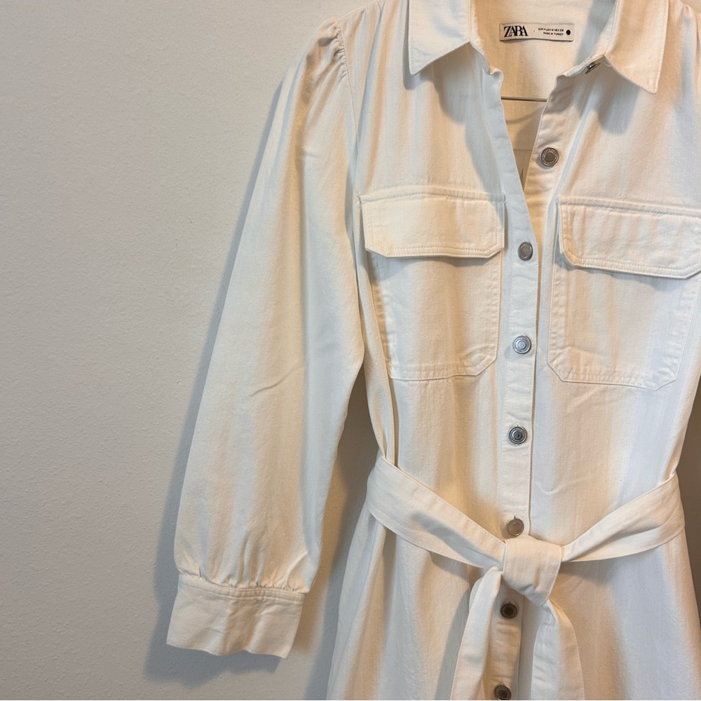 ZARA M Women’s Cotton Linen Blend Elegant Cream Button-Down Denim Belted Dress - Picture 8 of 12